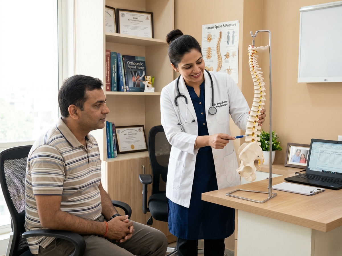 Dr. Harshit Jain (PT) evaluating posture and spine health in clinic